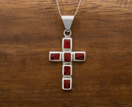 Red Jasper Mosaic Cross Pendant Necklace