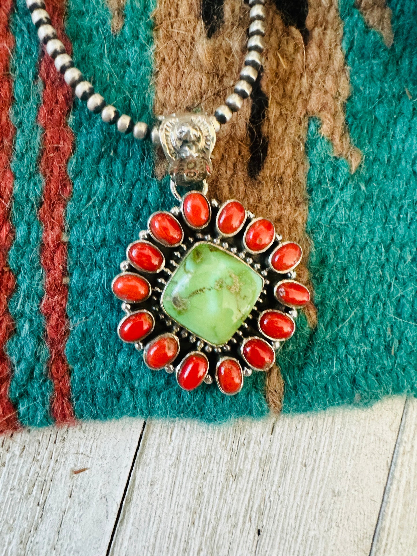 ** Christmas Collection ** Handmade Sterling Silver, Coral & Turquoise Cluster Pendant Signed Nizhoni