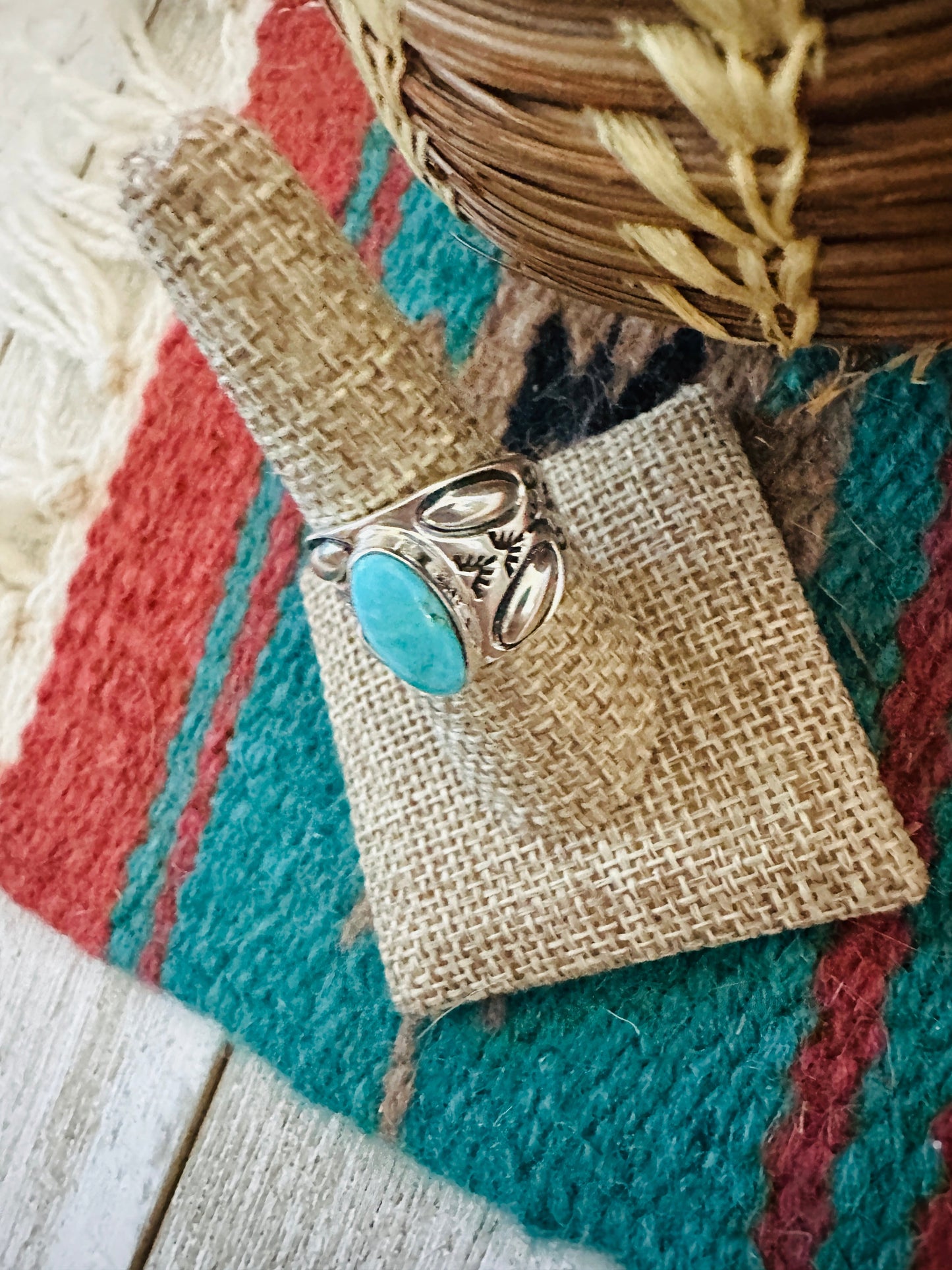 Navajo Turquoise & Sterling Silver Cigar Band Ring Size 9