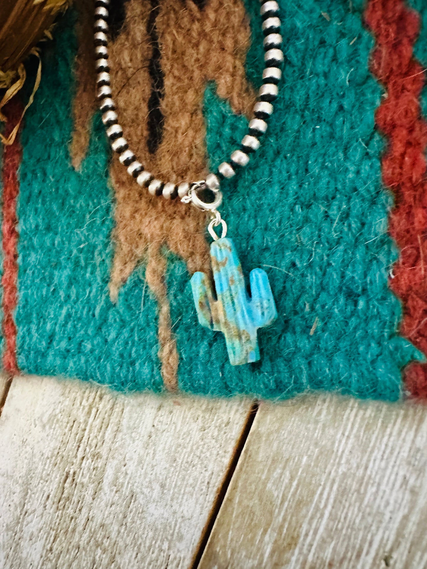 Navajo Hand Carved Turquoise Saguaro Cactus Charm