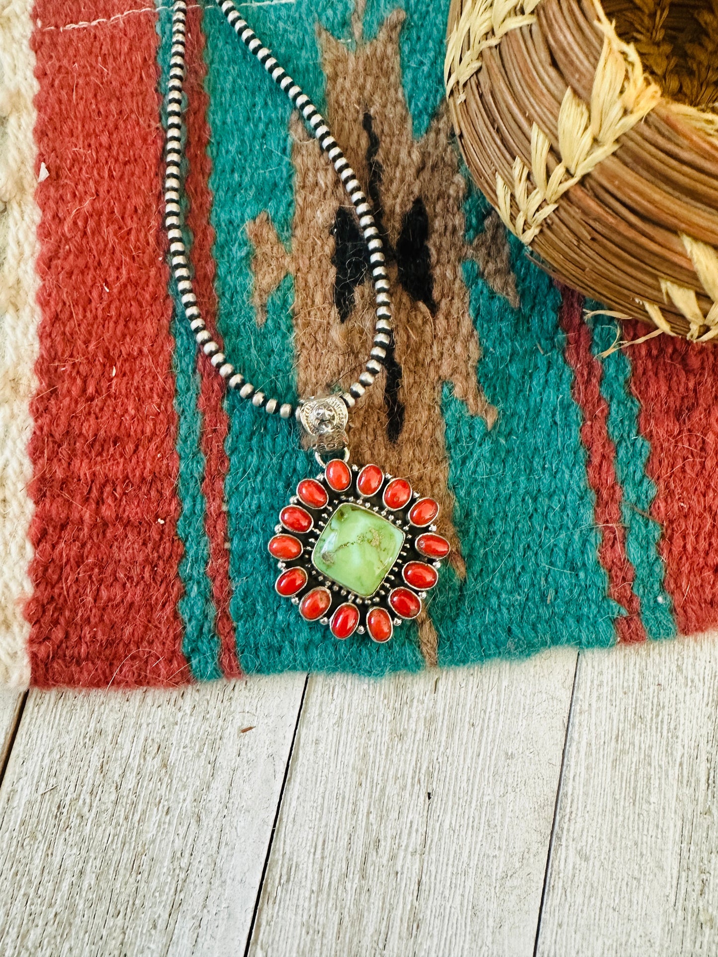 ** Christmas Collection ** Handmade Sterling Silver, Coral & Turquoise Cluster Pendant Signed Nizhoni