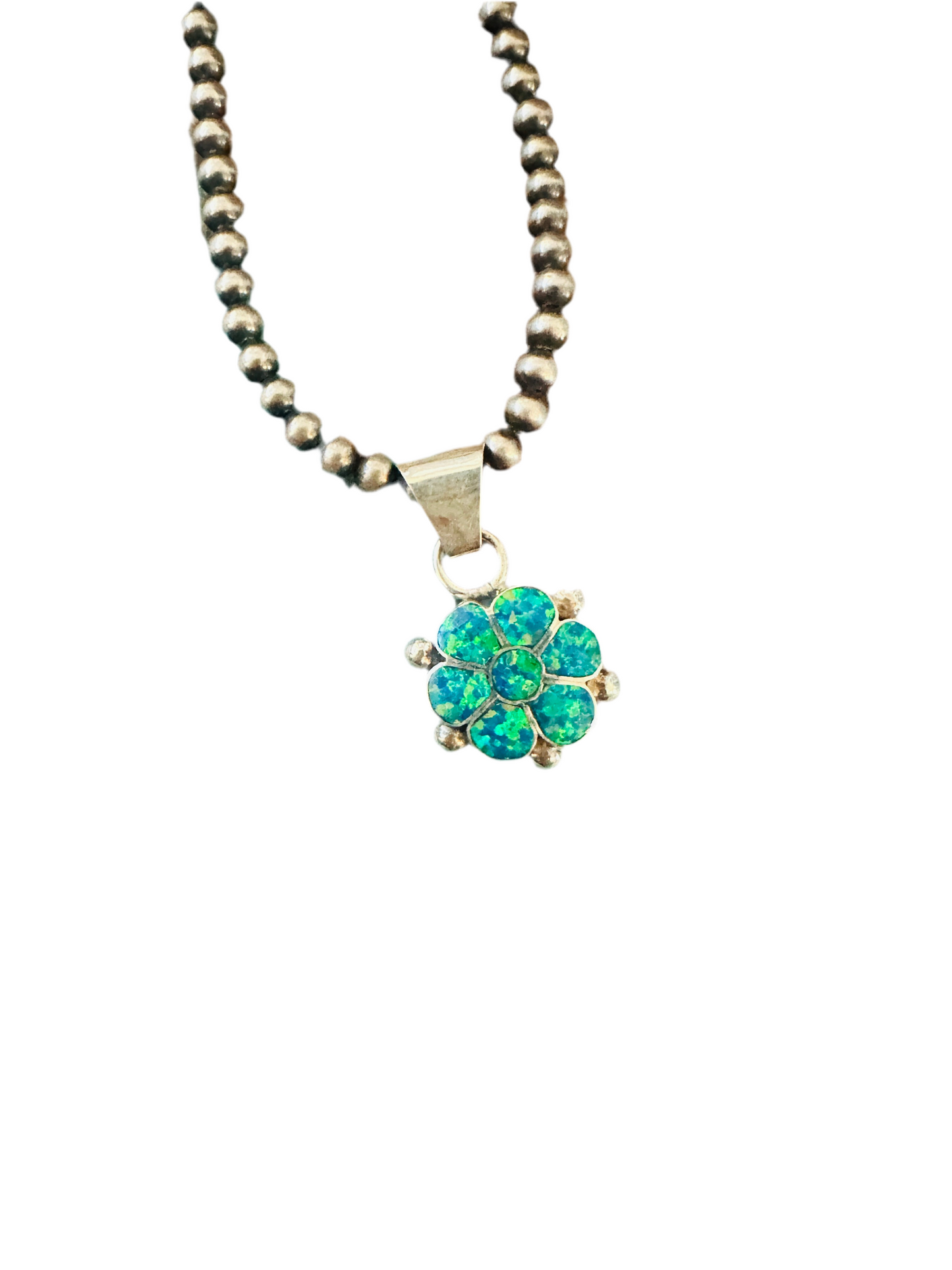 Zuni Blue Opal & Sterling Silver Inlay Flower Pendant