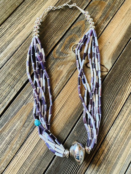Navajo Sterling Silver, Wampum (Quahog Shell) & Turquoise Beaded Necklace