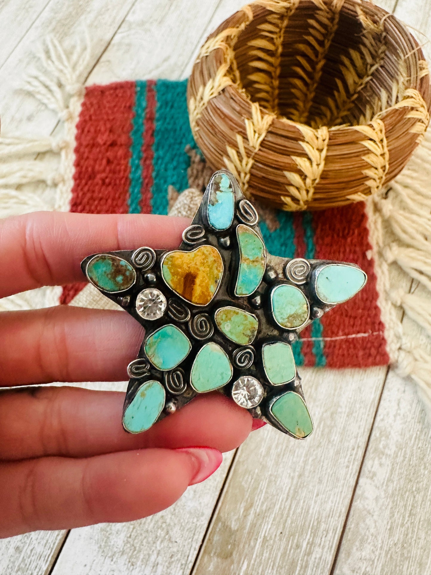 Navajo Royston Turquoise, CZ & Sterling Silver Adjustable Star Ring by Jacqueline Silver