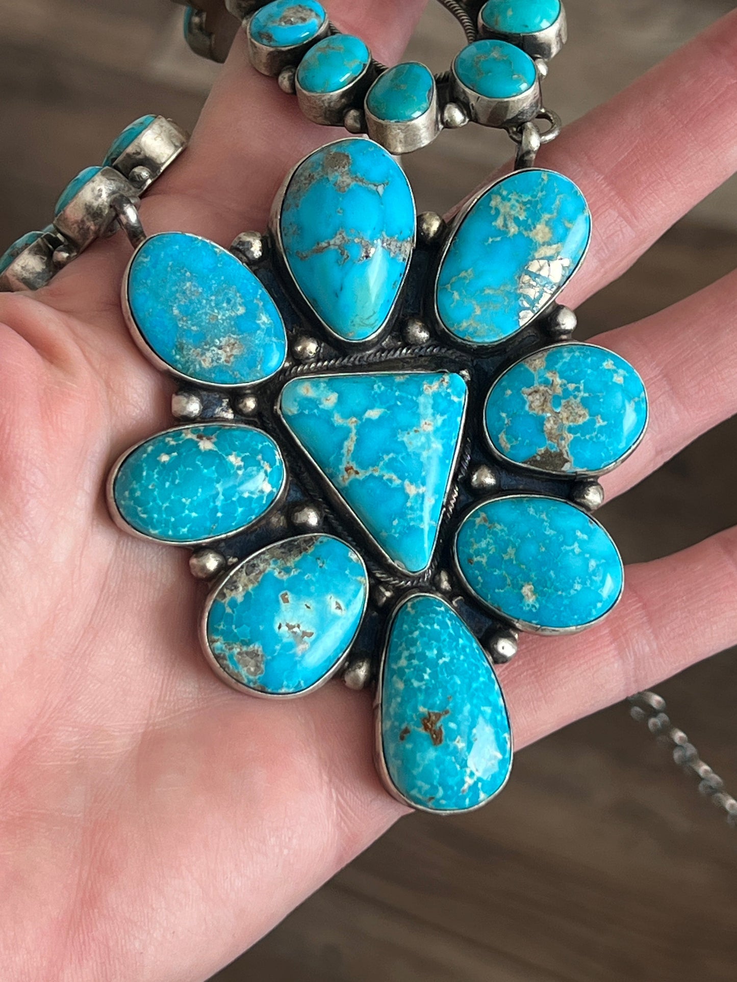 Navajo Sterling Silver and Whitewater Campitos Turquoise Cluster Necklace and Earring Set by Sheila Becenti