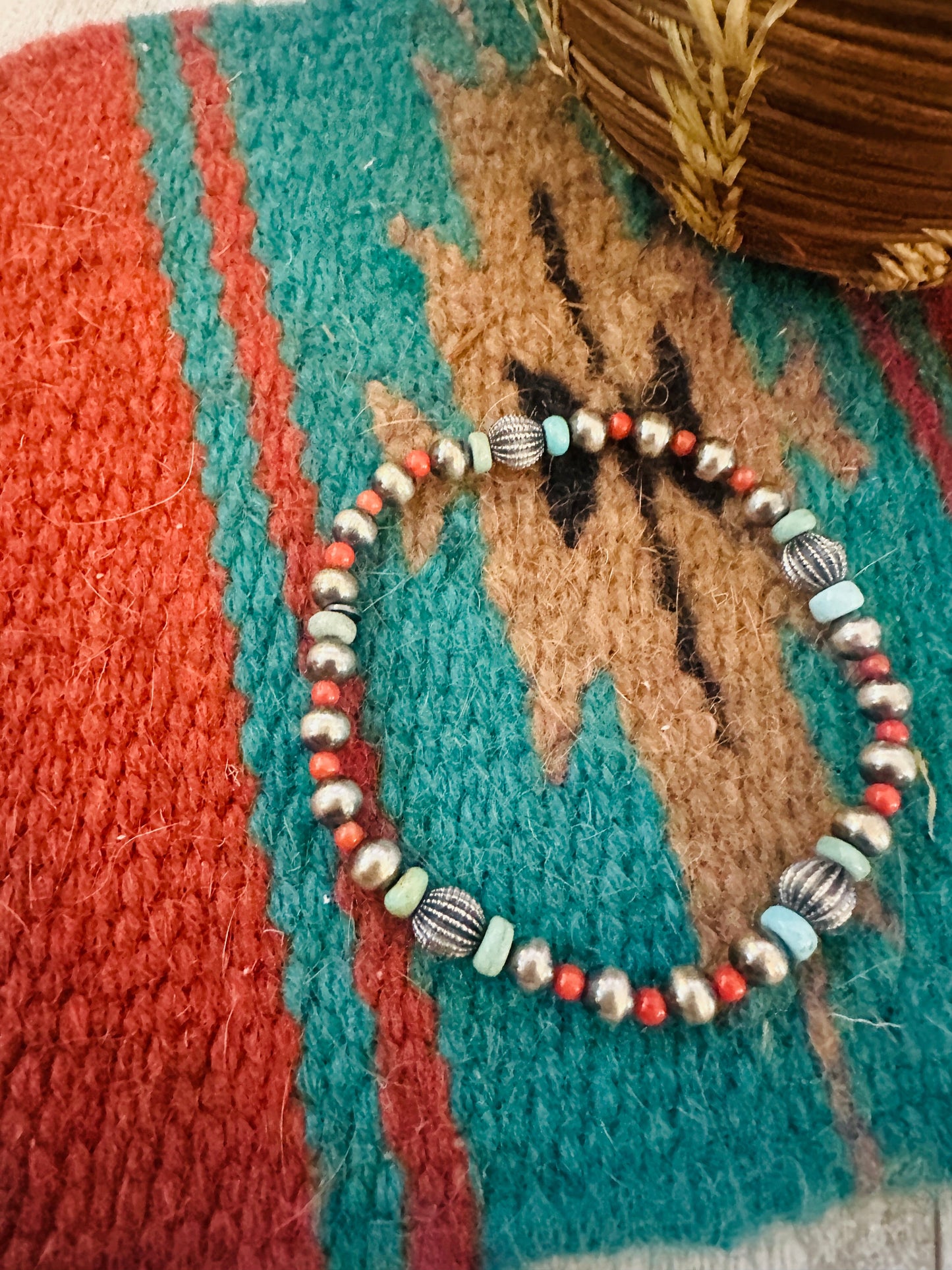 ** Christmas Collection ** Handmade Sterling Silver, Turquoise & Coral Beaded Bracelet