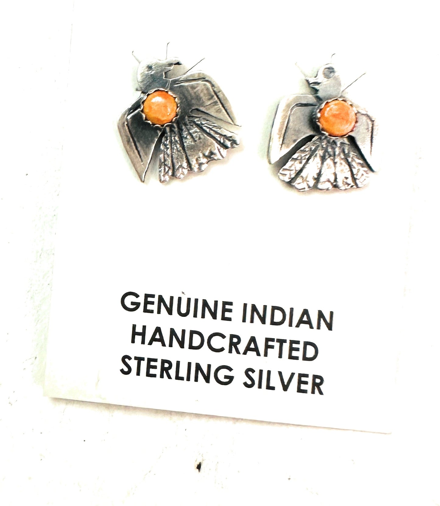 Navajo Sterling Silver & Orange Spiny Thunderbird Stud Earrings