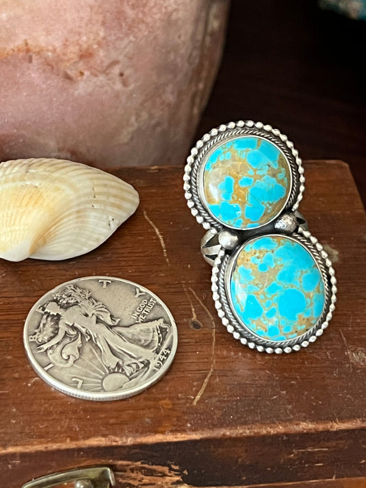 Navajo Sterling Silver and Number 8 Turquoise Ring by Darrin Livingston, Size 9