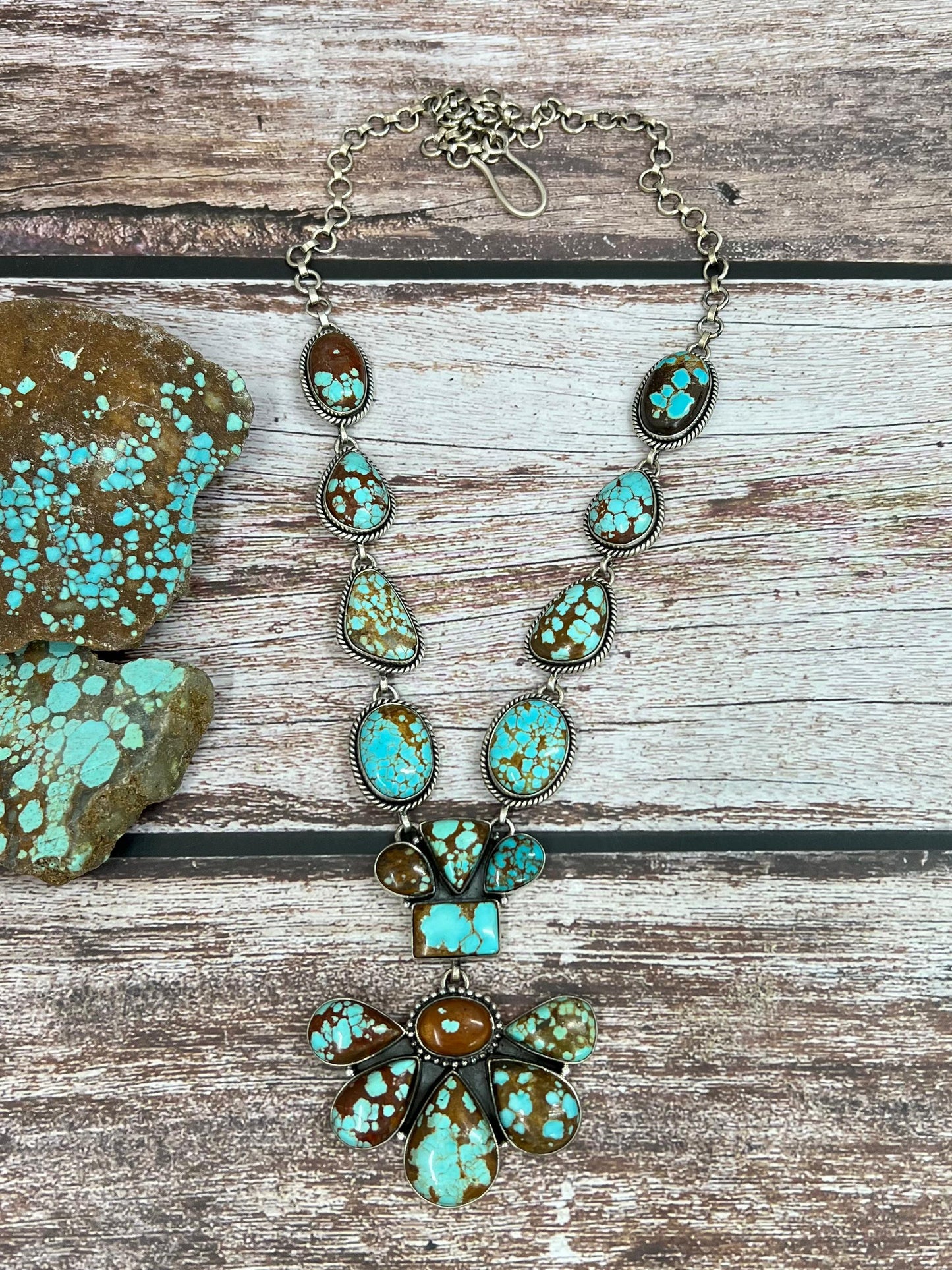 Handmade Sterling Silver Number 8 Turquoise Necklace with Signed Nizhoni