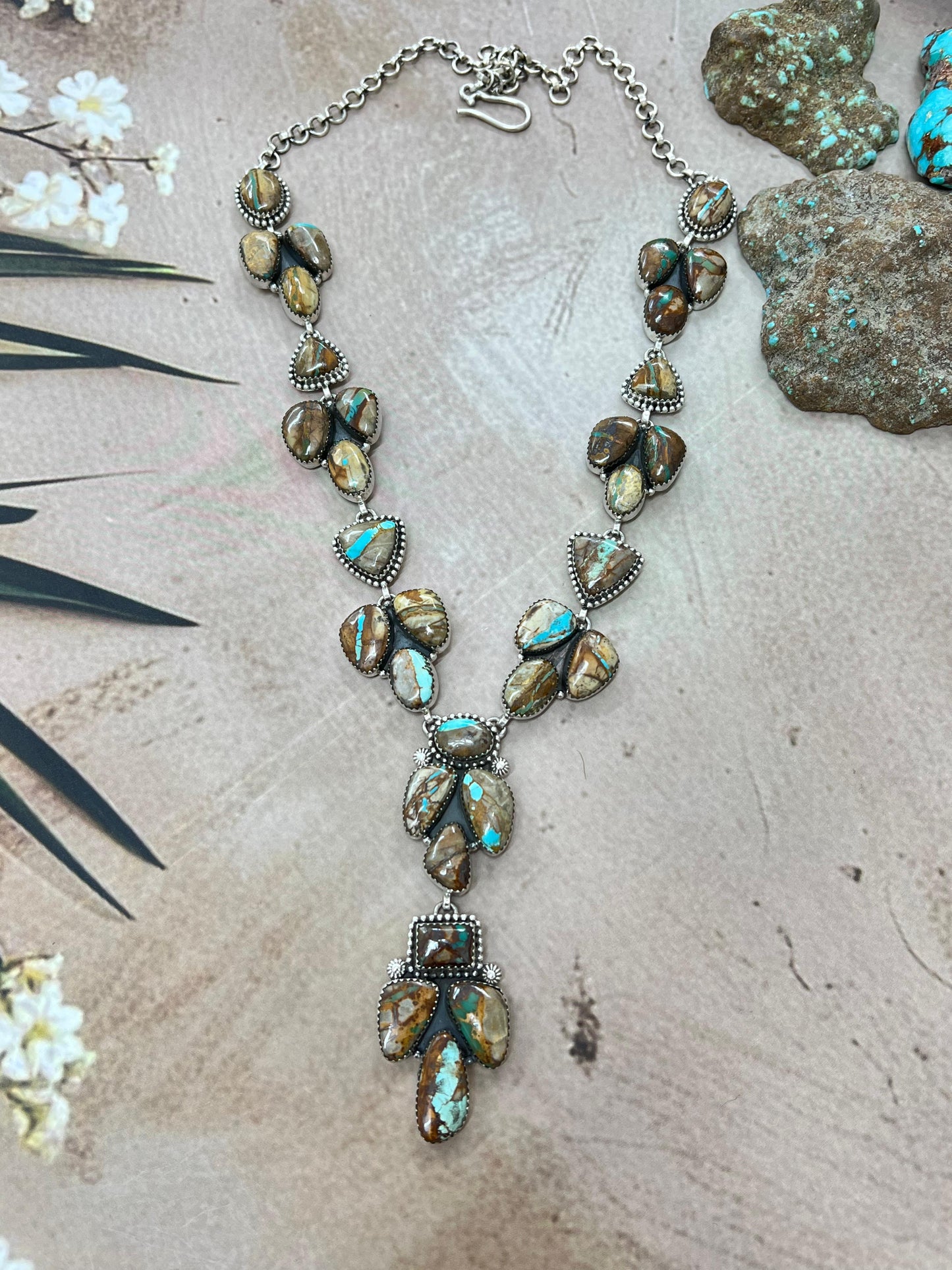 Handmade Sterling Silver Ribbon Royston Necklace with Signed Nizhoni