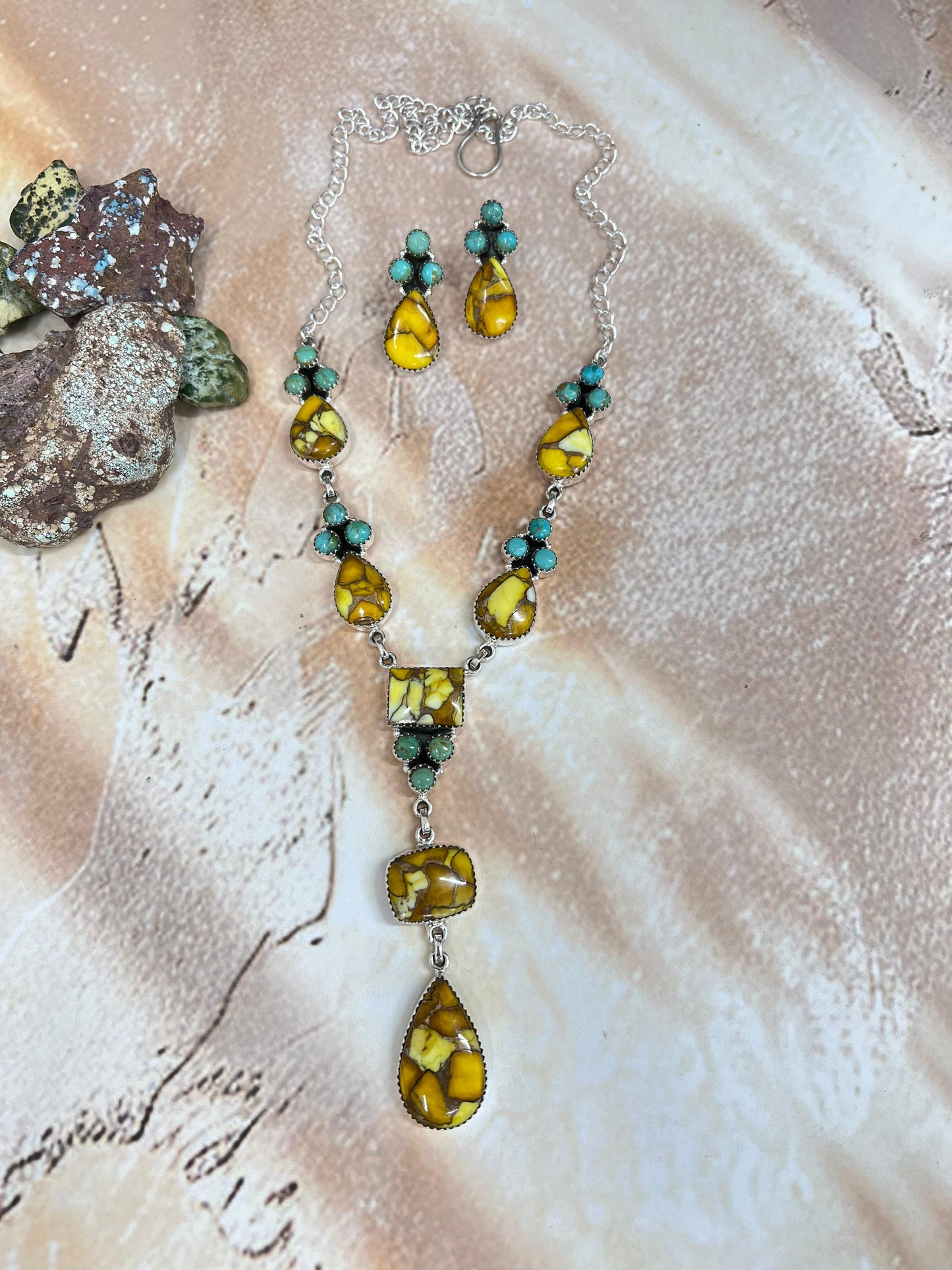Handmade Sterling Silver Honey Dahlia with Kingman Turquoise Necklace Earrings Set, Signed Nizhoni
