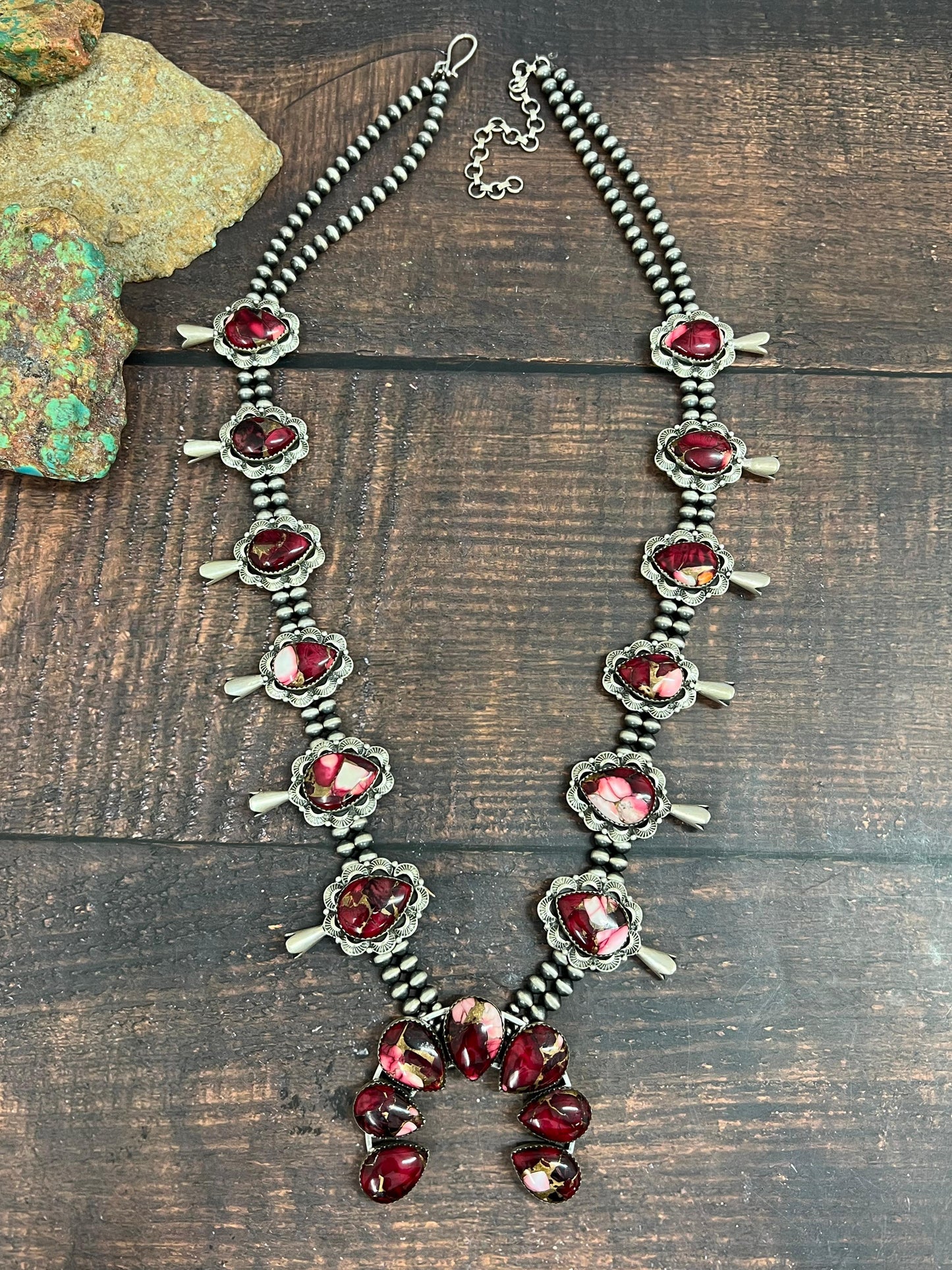 Handmade Sterling Silver Dahlia Rose Squash Blossom Necklace with Signed Nizhoni (4)