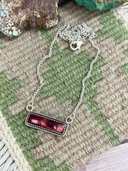 Handmade Sterling Silver Dahlia Rose Bar Necklace with Signed Nizhoni