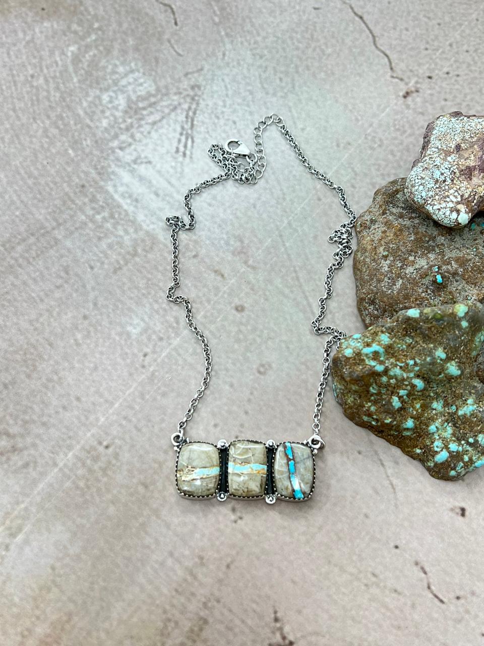 Handmade Sterling Silver Ribbon Royston Necklace with Signed Nizhoni