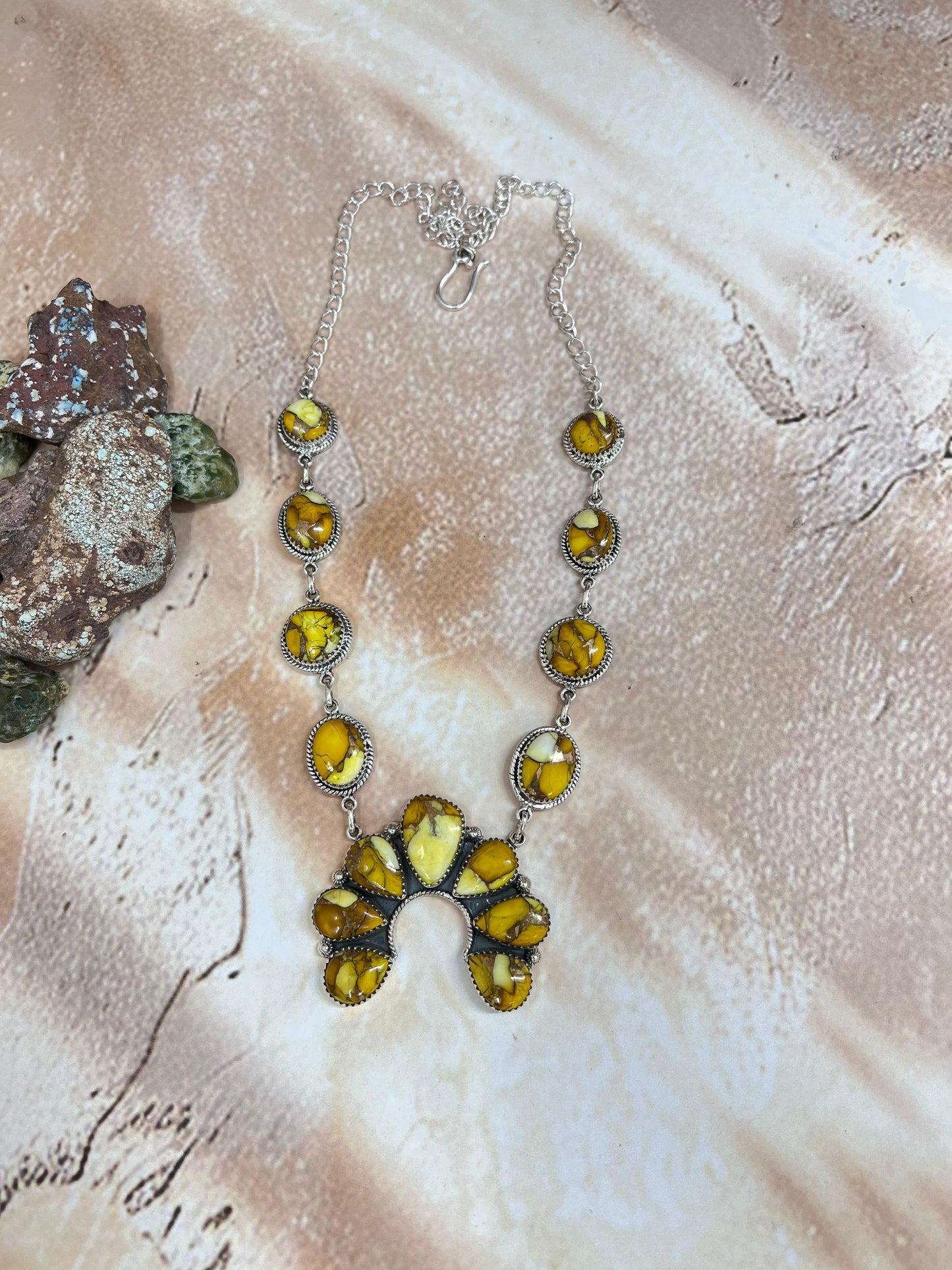 Handmade Sterling Silver Honey Dahlia Squash Blossom Necklace with Signed Nizhoni