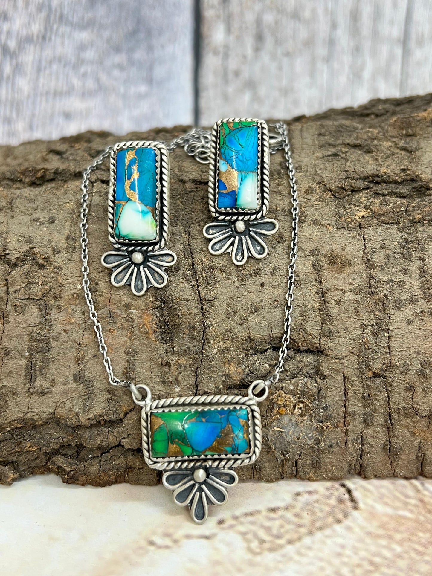 Handmade Sterling Silver Peacock Dahlia Necklace Earrings Set with Signed Nizhoni