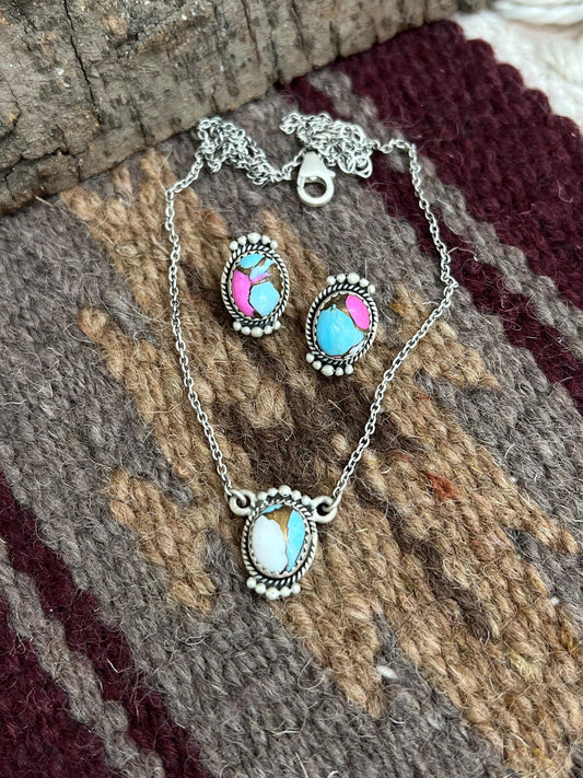 Handmade Sterling Silver Cotton Candy Turquoise Necklace Earrings Set, Signed Nizhoni (5)