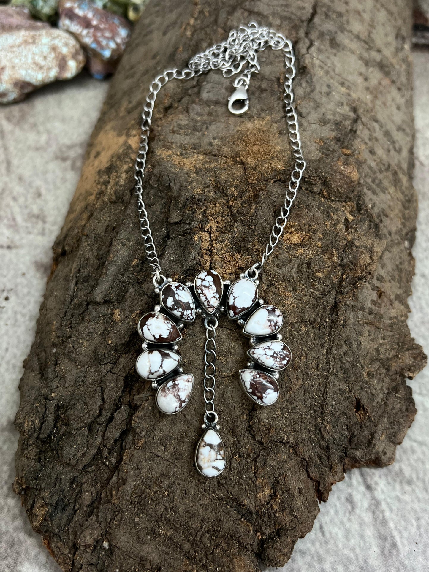 Handmade Sterling Silver Wild Horse Turquoise Squash Blossom Necklace with Signed Nizhoni