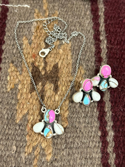 Handmade Sterling Silver Cotton Candy Turquoise Necklace Earrings Set with Signed Nizhoni