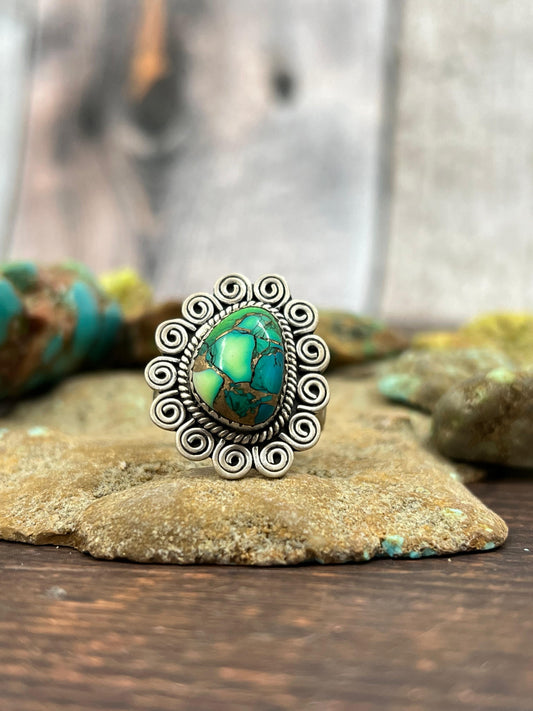 Handmade Sterling Silver Peacock Dahlia Adjustable Ring with Signed Nizhoni
