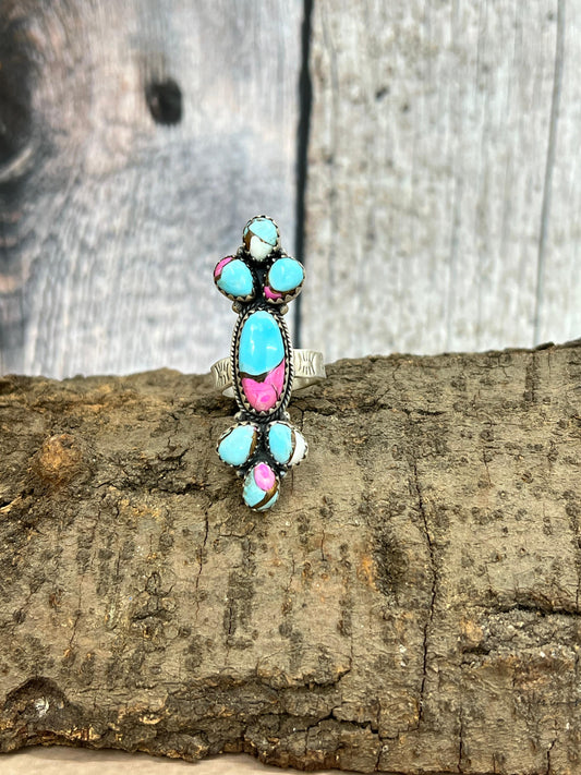 Handmade Sterling Silver Cotton Candy Turquoise Adjustable Rings with Signed Nizhoni