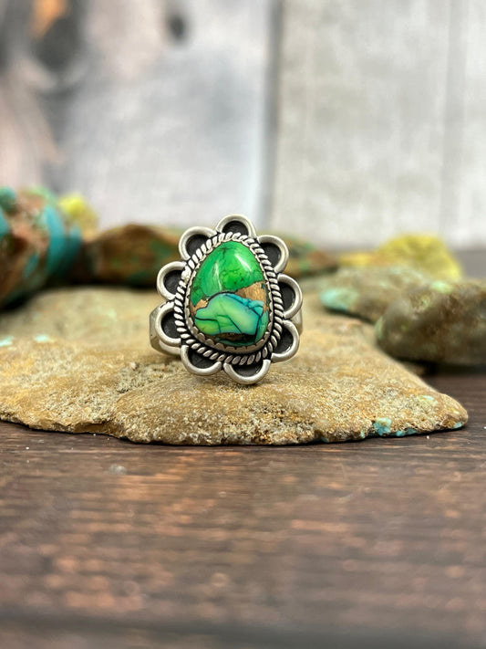 Handmade Sterling Silver Peacock Dahlia Adjustable Ring with Signed Nizhoni