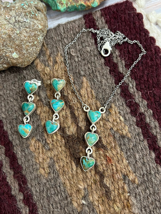 Handmade Sterling Silver Kingman Turquoise Heart Necklace Earrings Set with Signed Nizhoni