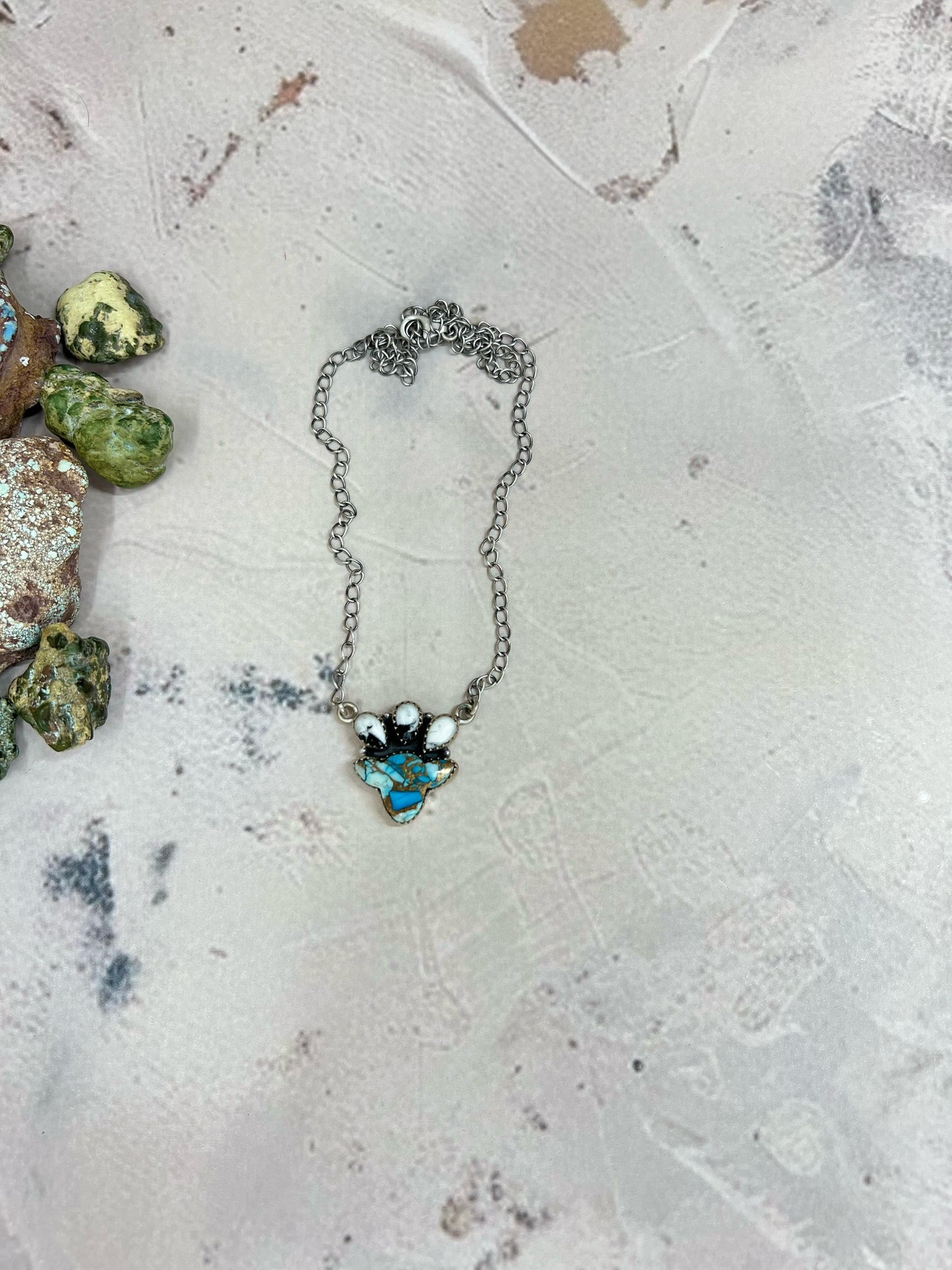 Handmade Sterling Silver Blue Ice Rose Dahlia with White Buffalo Necklace with Signed Nizhoni