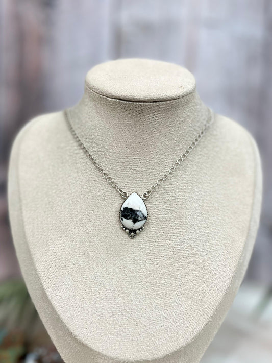 Handmade Sterling Silver White Buffalo Turquoise Necklace with Signed Nizhoni