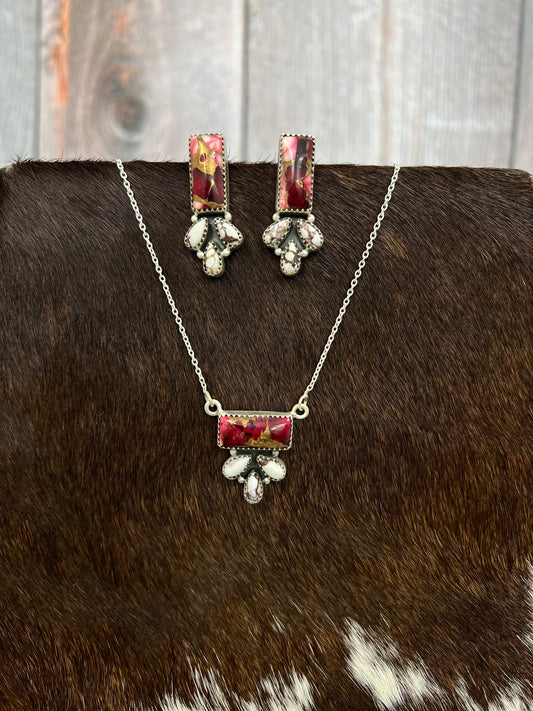Handmade Sterling Silver Dahlia Rose with Wild Horse Necklace Earrings Set, Signed Nizhoni (6)