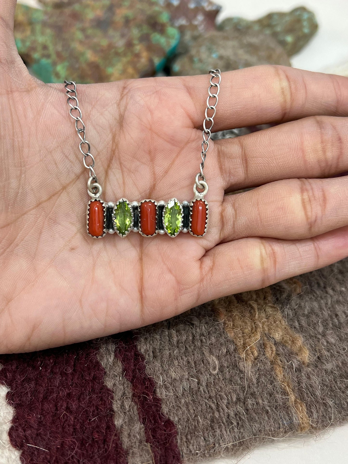 Christmas Collection Handmade Sterling Silver Coral with Peridot Bar Necklace with Signed Nizhoni