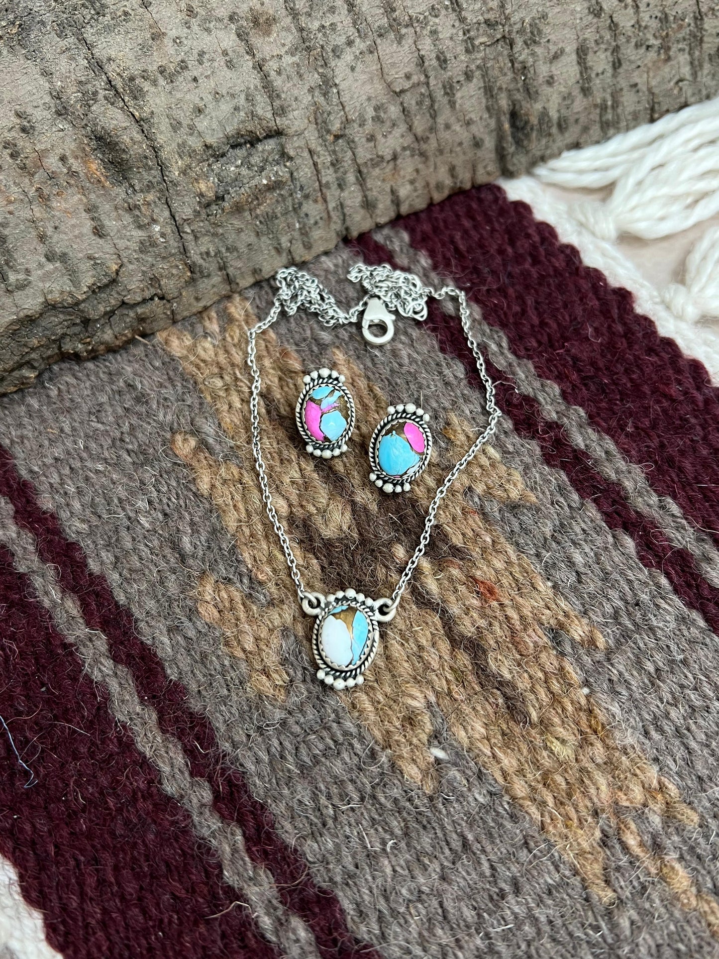 Handmade Sterling Silver Cotton Candy Turquoise Necklace Earrings Set, Signed Nizhoni (5)