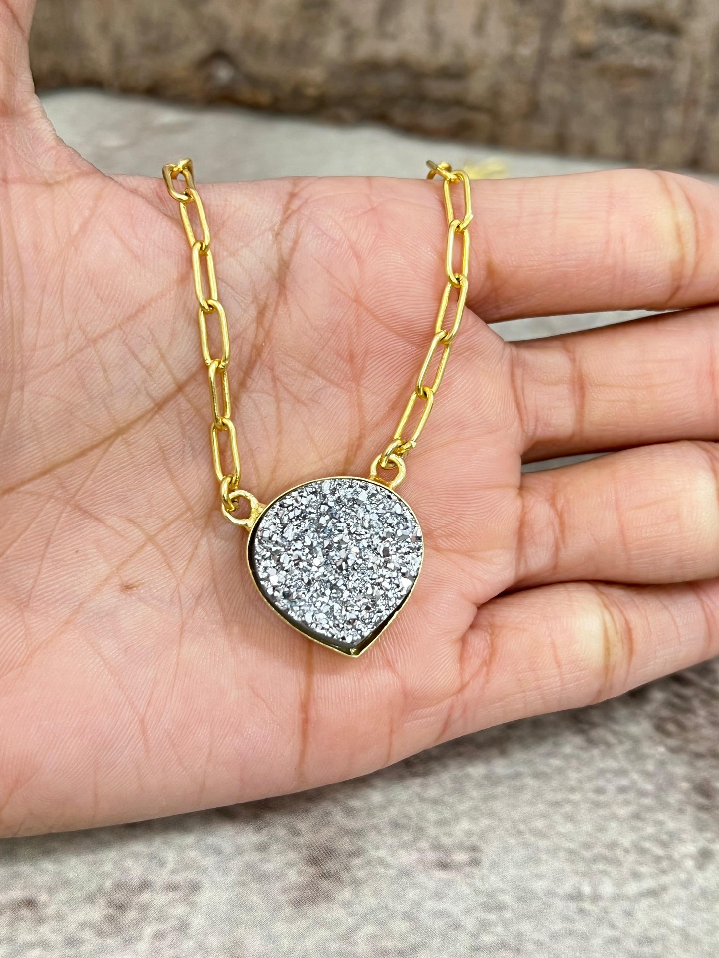 “The Boho Collection” Handmade Natural Silver Druzy Necklace