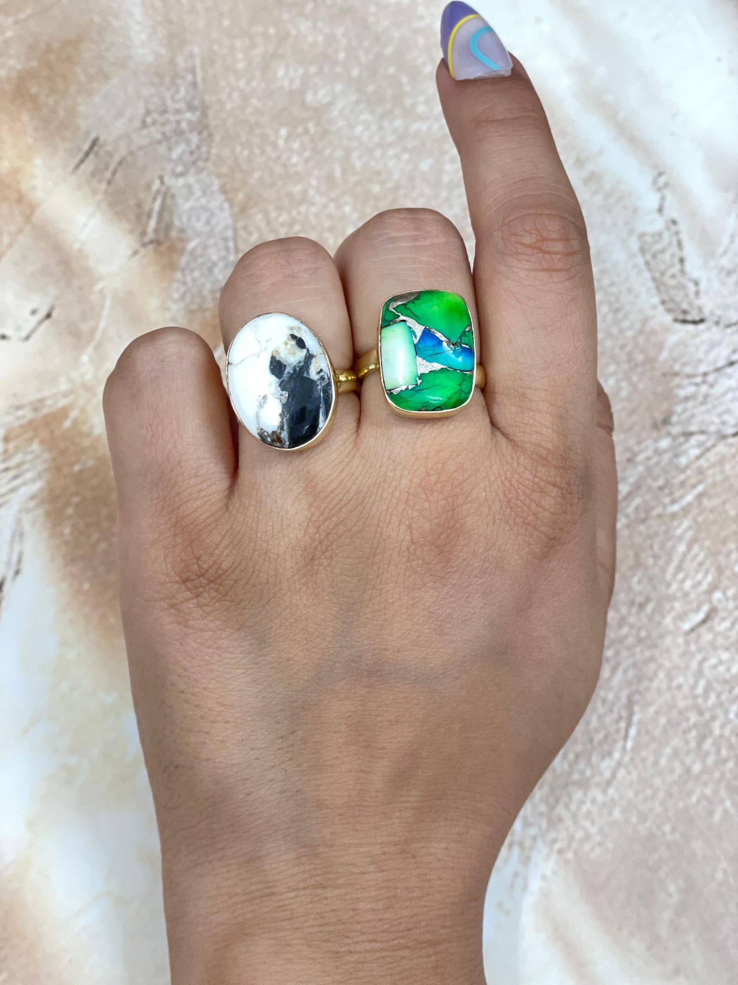 “The Golden Collection” Natural White Buffalo, Peacock Dahlia Single Stone Adjustable Ring