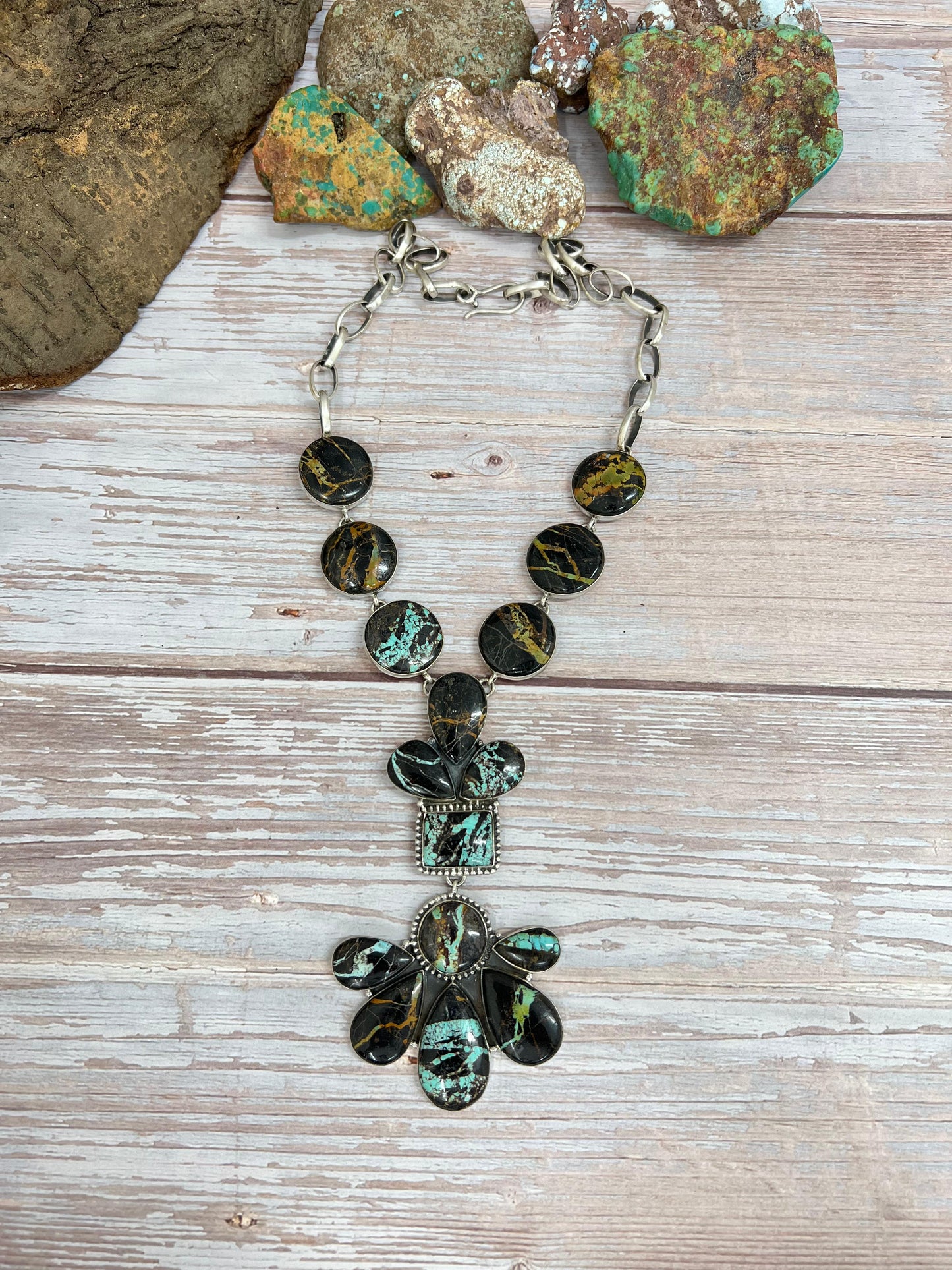 Handmade Sterling Silver Black Jack Necklace with Signed Nizhoni