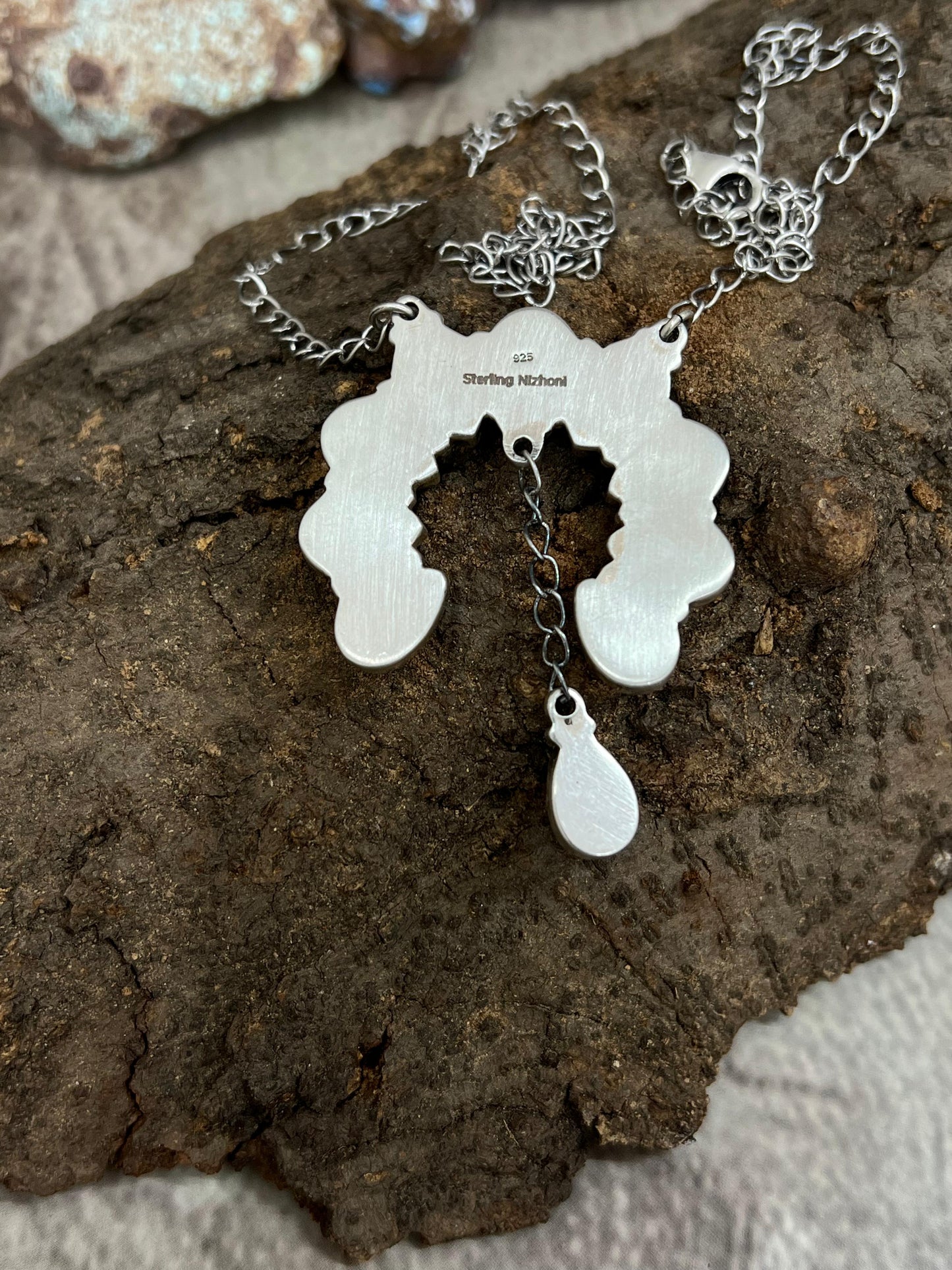 Handmade Sterling Silver Wild Horse Turquoise Squash Blossom Necklace with Signed Nizhoni