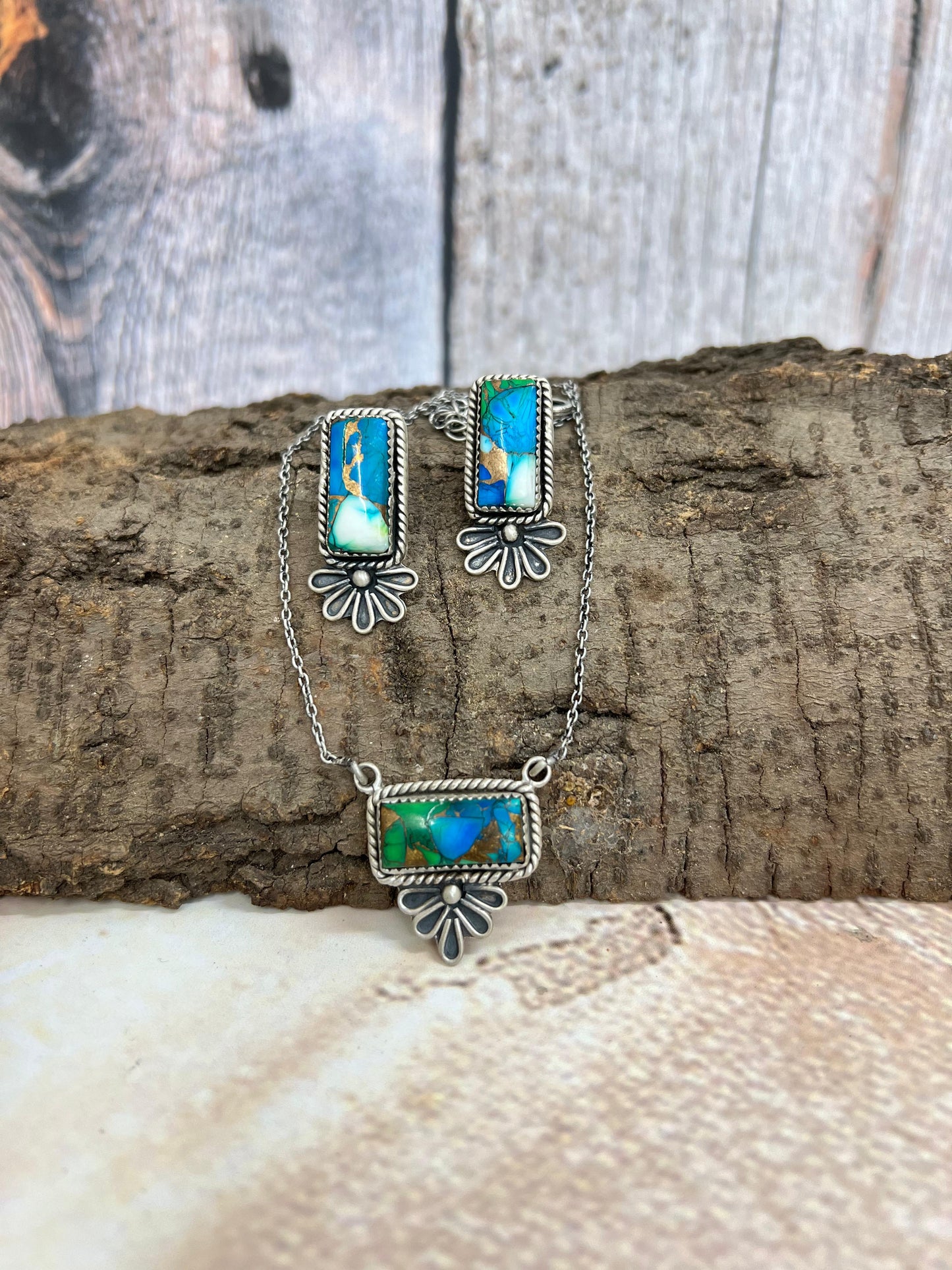 Handmade Sterling Silver Peacock Dahlia Necklace Earrings Set with Signed Nizhoni