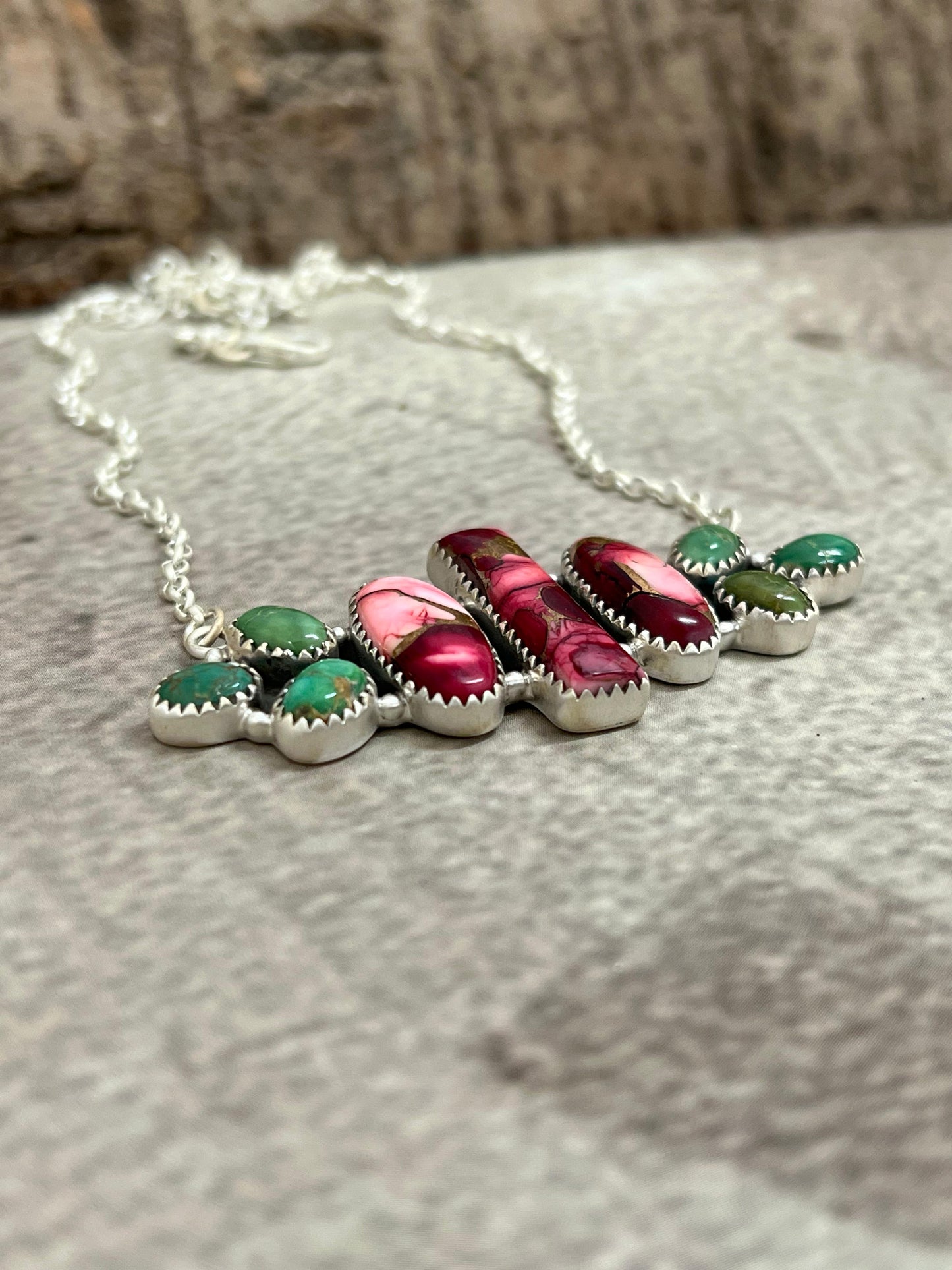 Handmade Sterling Silver Dahlia Rose with Emerald Valley Necklace with Signed Nizhoni