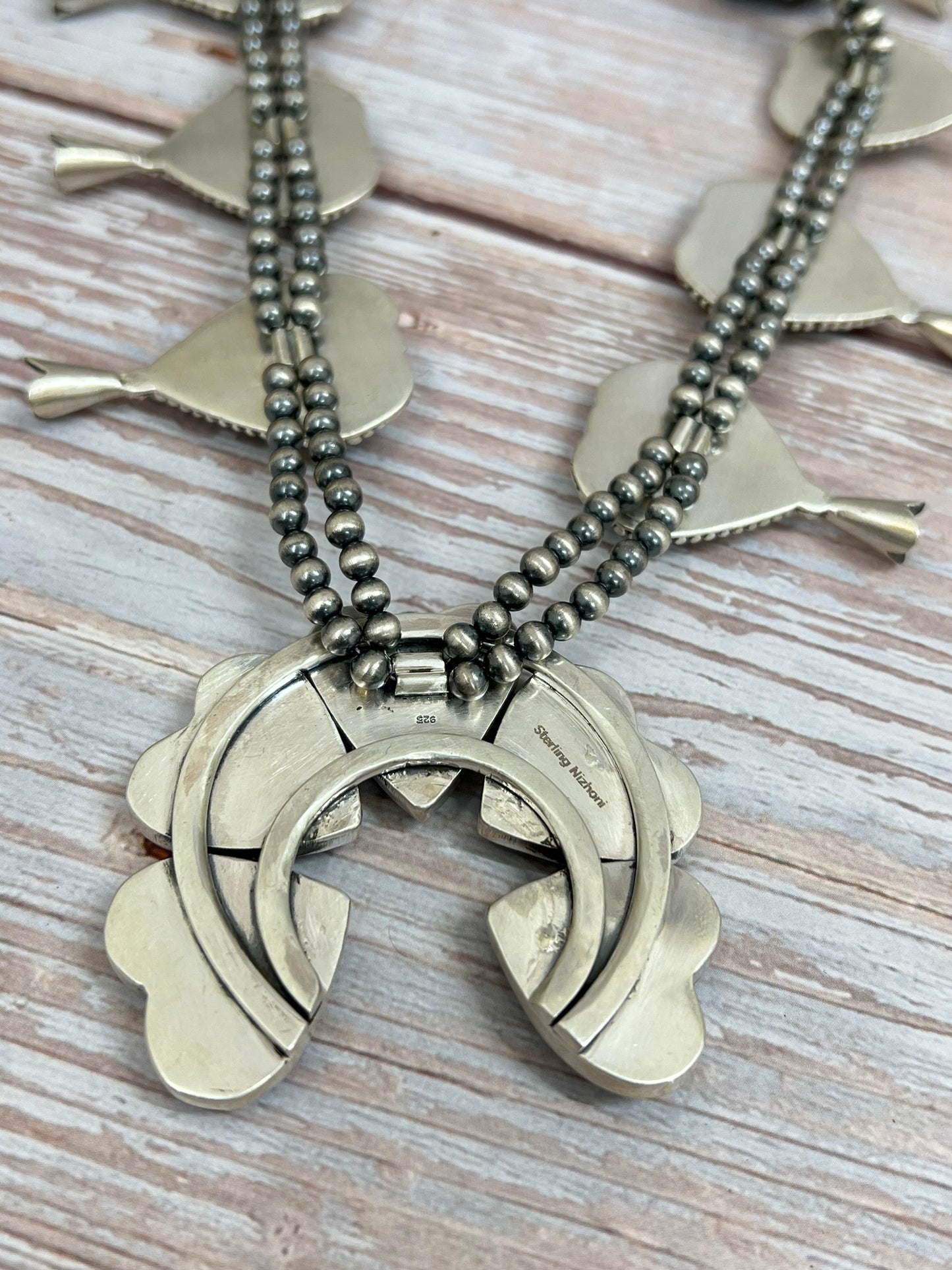 Handmade Sterling Silver Black Jack Beaded Squash Blossom Necklace with Signed Nizhoni