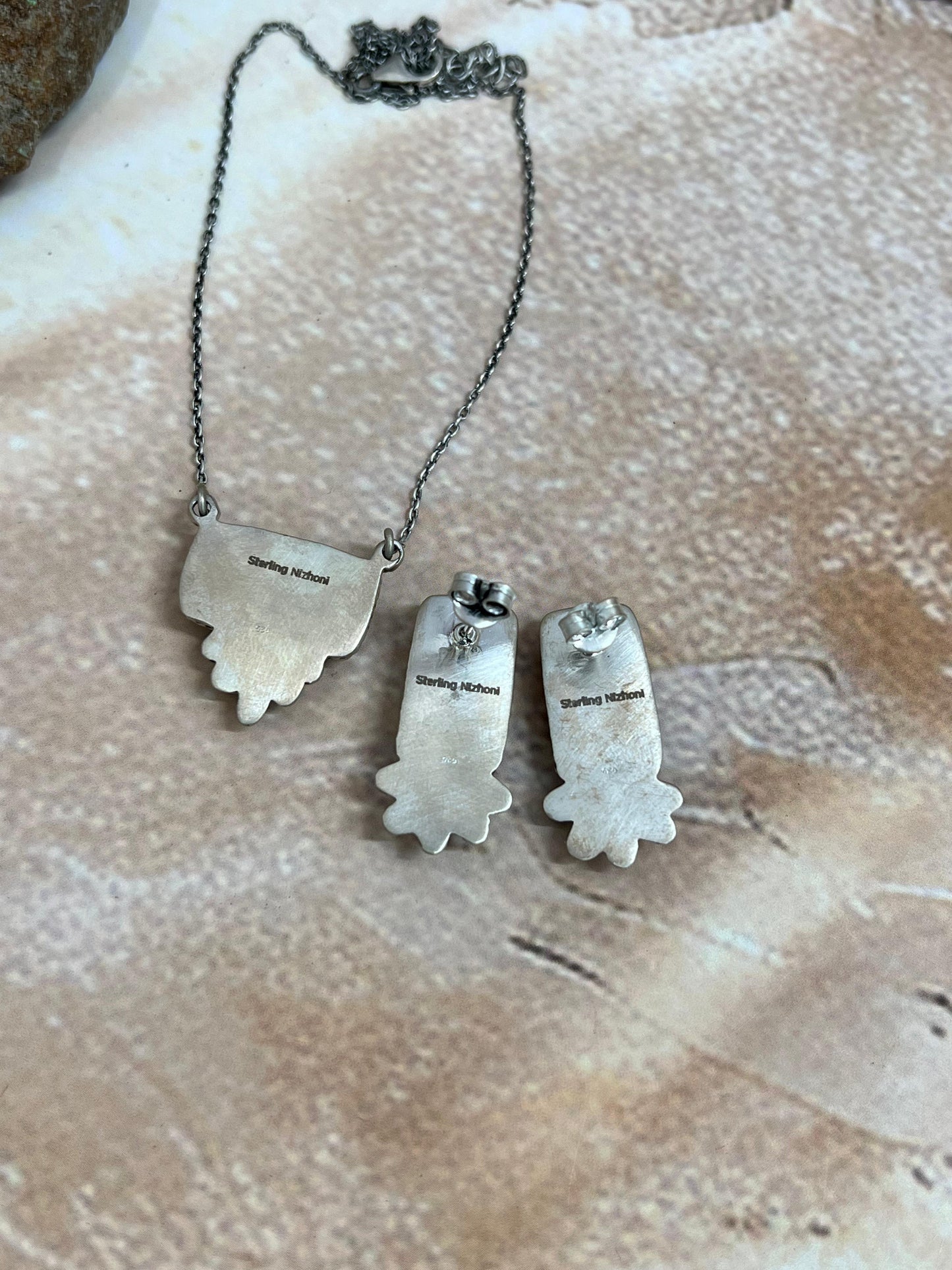 Handmade Sterling Silver Peacock Dahlia Necklace Earrings Set with Signed Nizhoni
