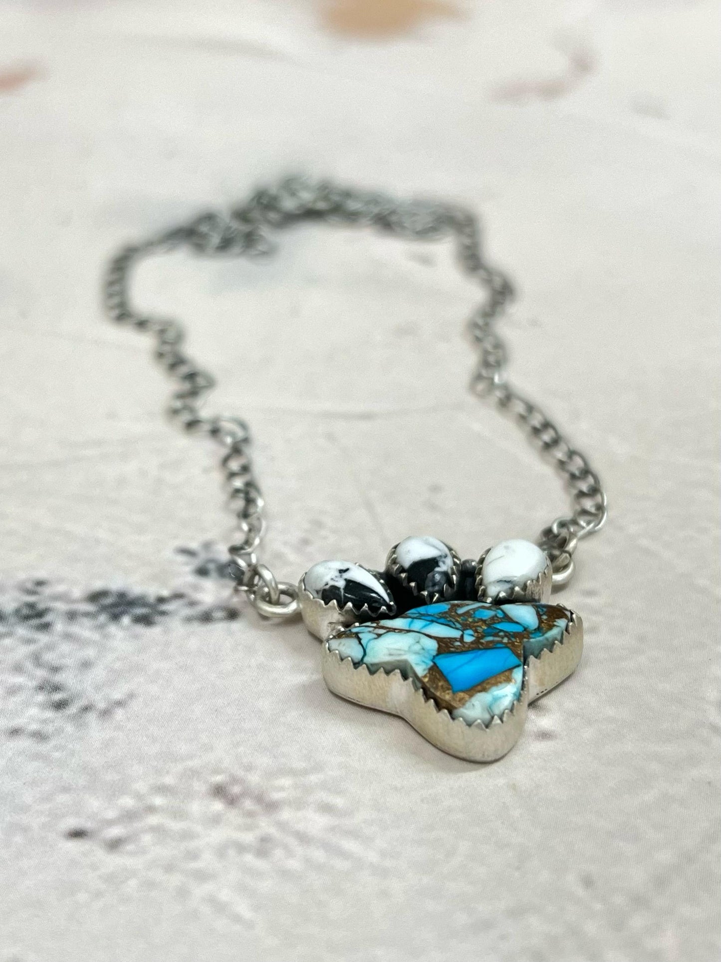 Handmade Sterling Silver Blue Ice Rose Dahlia with White Buffalo Necklace with Signed Nizhoni