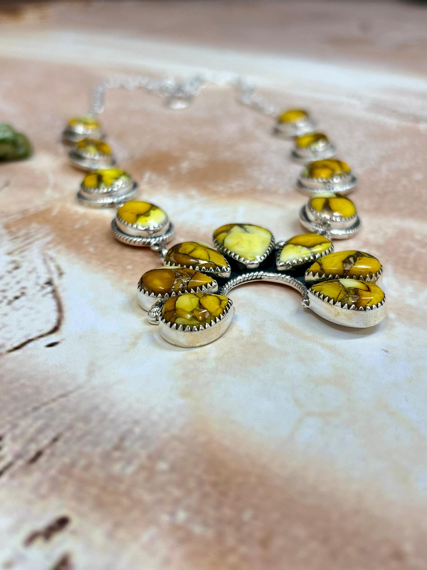 Handmade Sterling Silver Honey Dahlia Squash Blossom Necklace with Signed Nizhoni