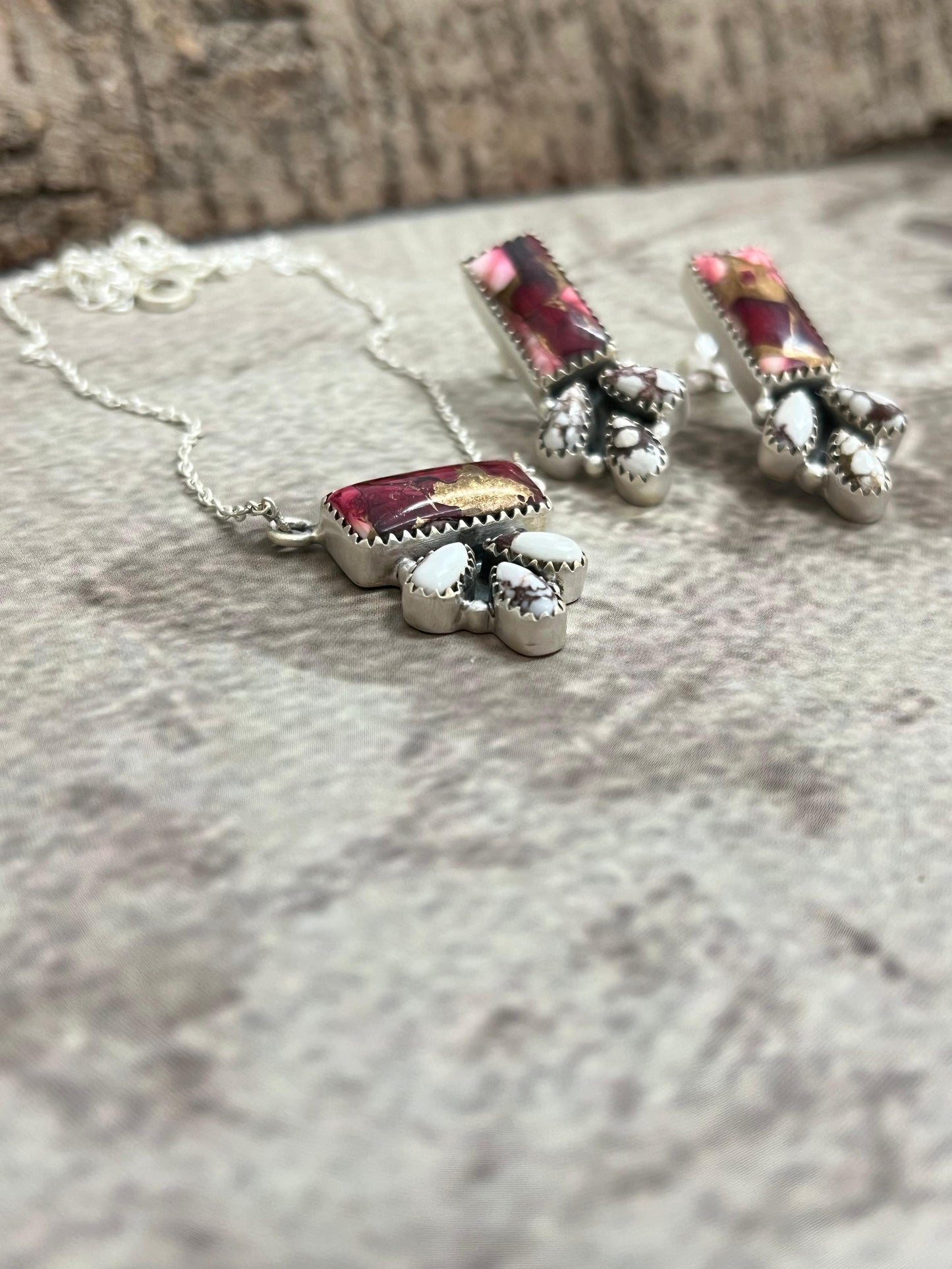 Handmade Sterling Silver Dahlia Rose with Wild Horse Necklace Earrings Set, Signed Nizhoni (6)