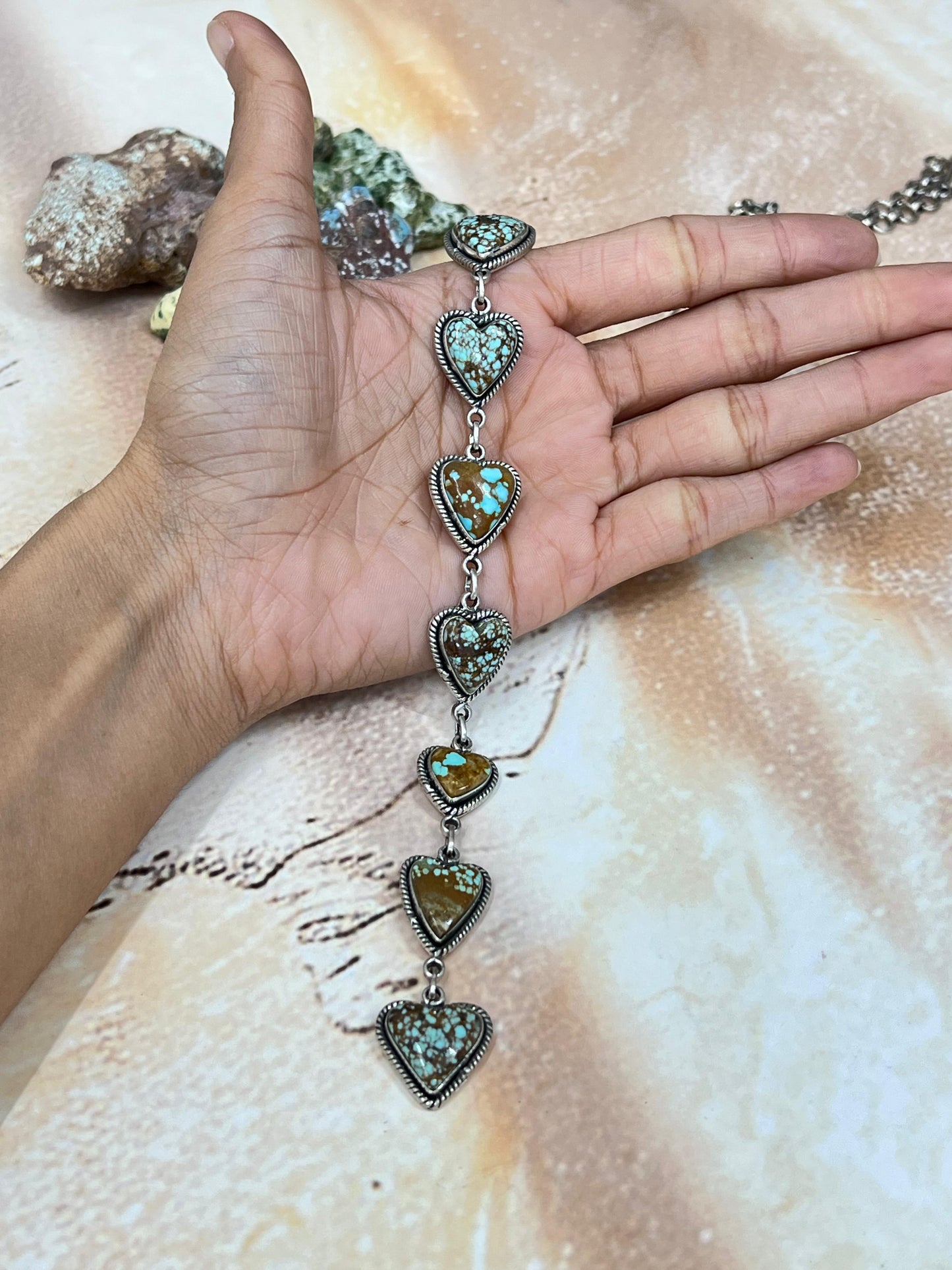Handmade Sterling Silver Number 8 Turquoise Drop Heart Necklace with Signed Nizhoni