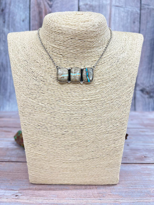 Handmade Sterling Silver Ribbon Royston Necklace with Signed Nizhoni