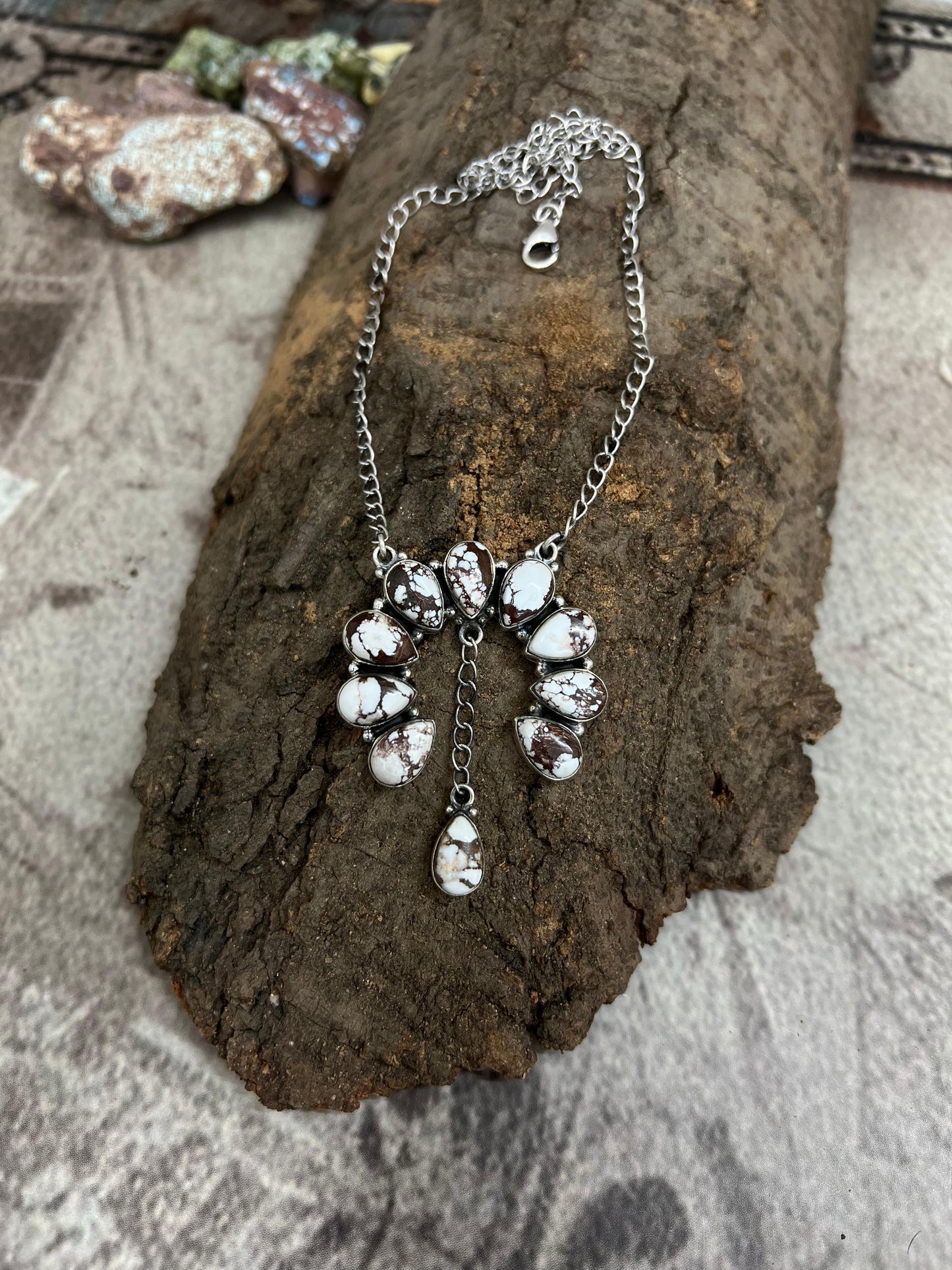 Handmade Sterling Silver Wild Horse Turquoise Squash Blossom Necklace with Signed Nizhoni