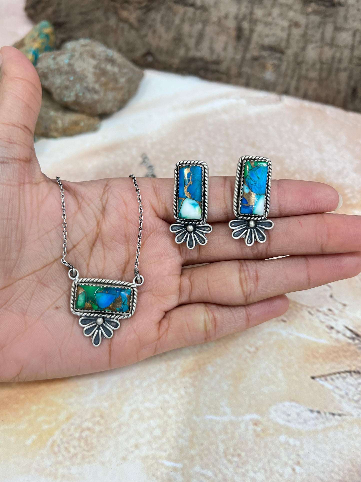 Handmade Sterling Silver Peacock Dahlia Necklace Earrings Set with Signed Nizhoni