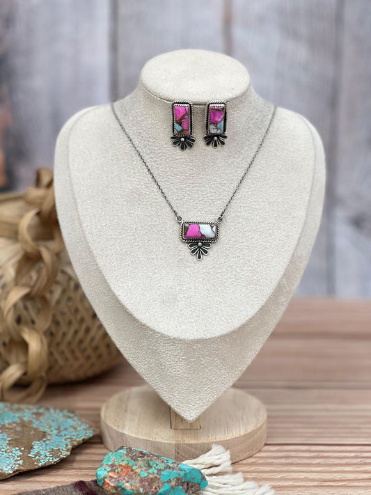 Handmade Sterling Silver Cotton Candy Turquoise Necklace Earrings Set, Signed Nizhoni