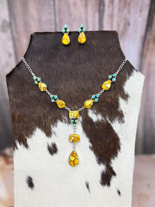 Handmade Sterling Silver Honey Dahlia with Kingman Turquoise Necklace Earrings Set, Signed Nizhoni