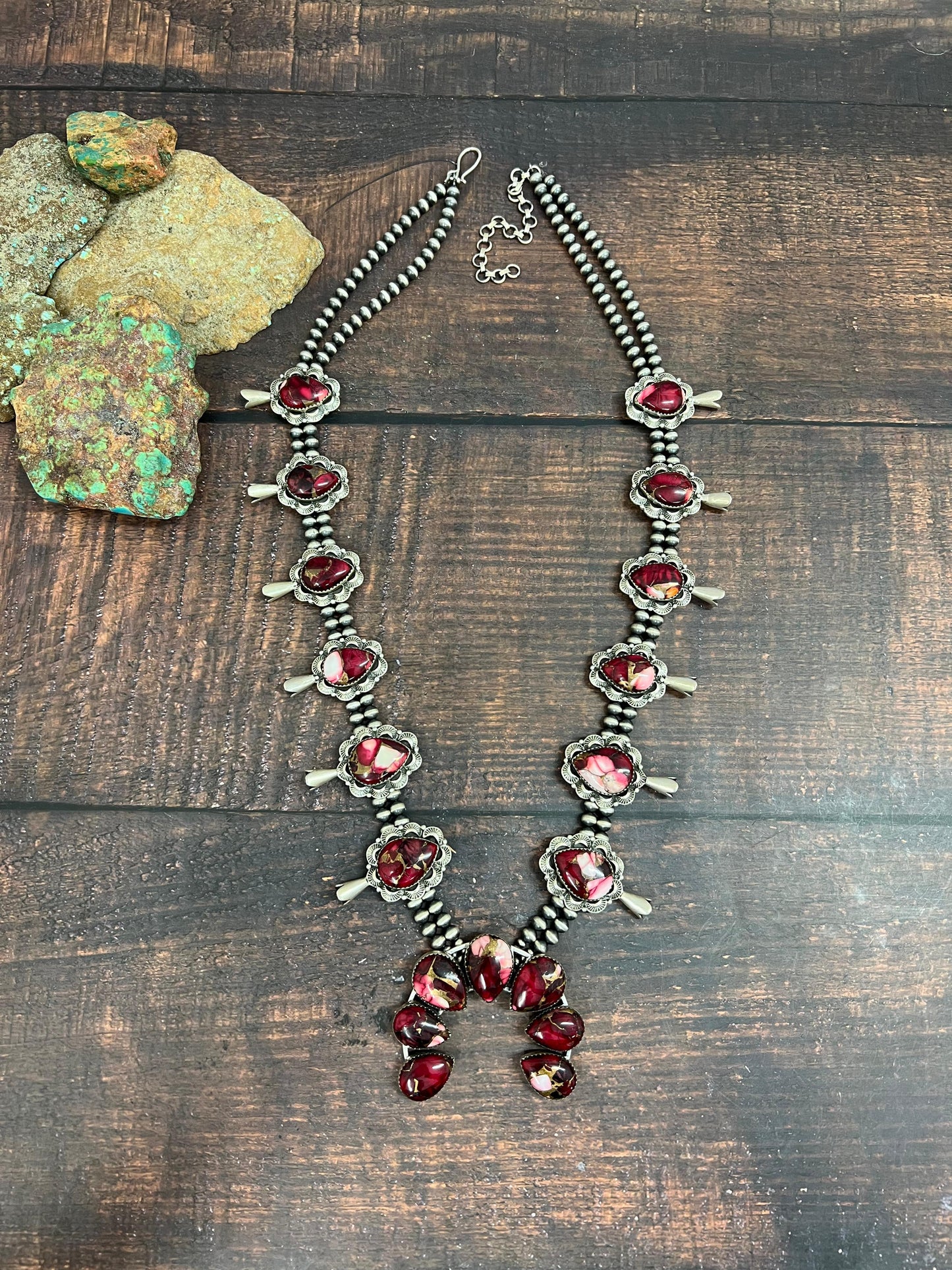 Handmade Sterling Silver Dahlia Rose Squash Blossom Necklace with Signed Nizhoni (4)